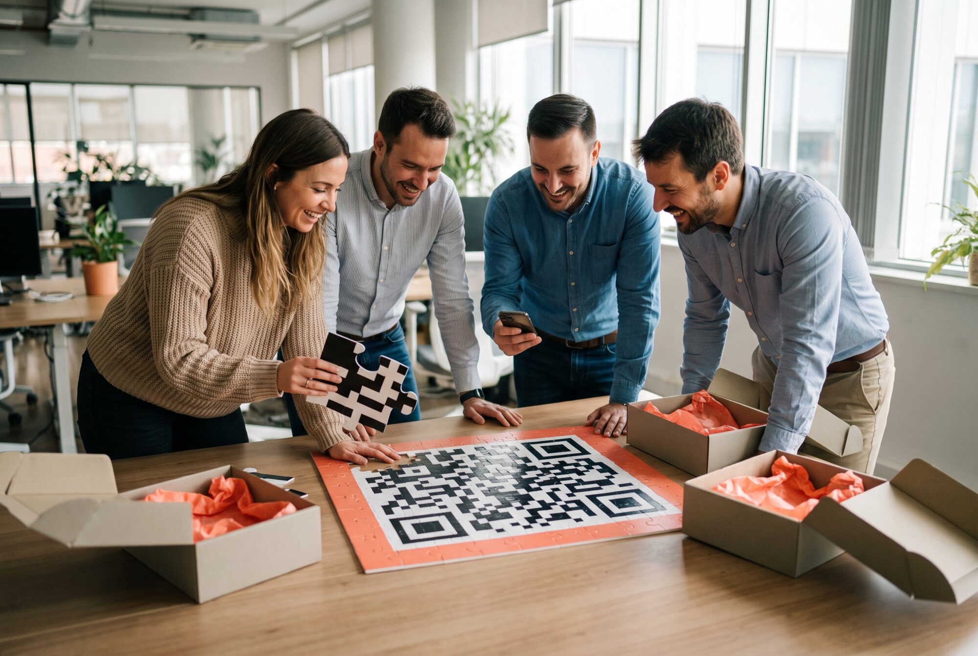 Tien puzzeldozen op een vergadertafel